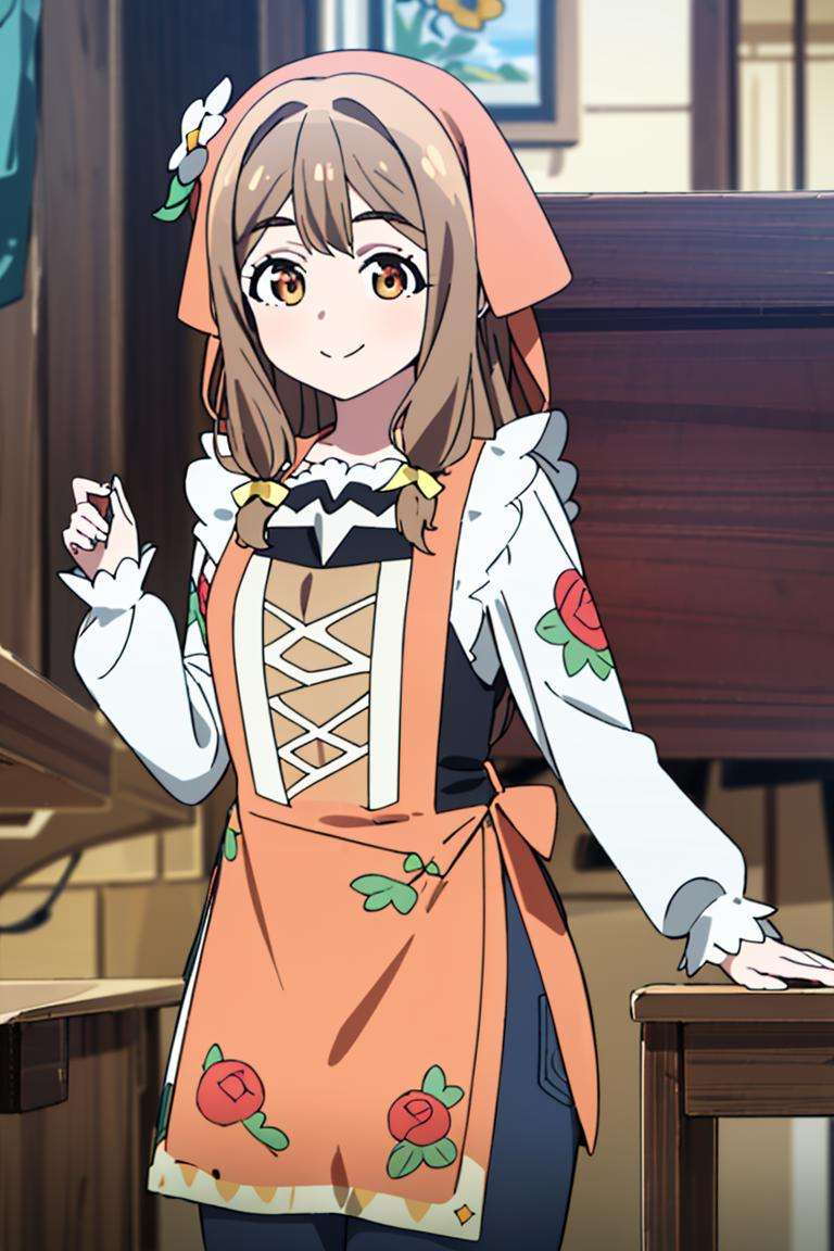 ((masterpiece,best quality)), absurdres,<lora:Hanamaru_Genjitsu_no_Yohane:0.9>, Hanamaru_Genjitsu_no_Yohane, apron, floral print, black pants, solo, smiling, looking at viewer, cowboy shot,cinematic composition, dynamic pose,