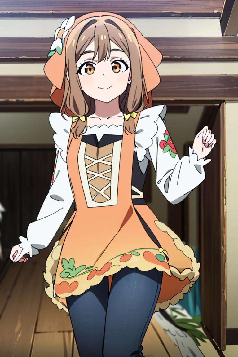 ((masterpiece,best quality)), absurdres,<lora:Hanamaru_Genjitsu_no_Yohane:0.9>, Hanamaru_Genjitsu_no_Yohane, apron, floral print, black pants, solo, smiling, looking at viewer, cowboy shot,cinematic composition, dynamic pose,