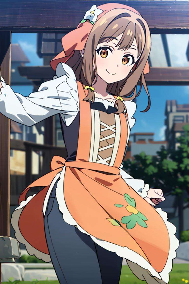 ((masterpiece,best quality)), absurdres,<lora:Hanamaru_Genjitsu_no_Yohane:0.8>, Hanamaru_Genjitsu_no_Yohane, (apron:1), floral print, black pants, solo, smiling, looking at viewer, cowboy shot,cinematic composition, dynamic pose,