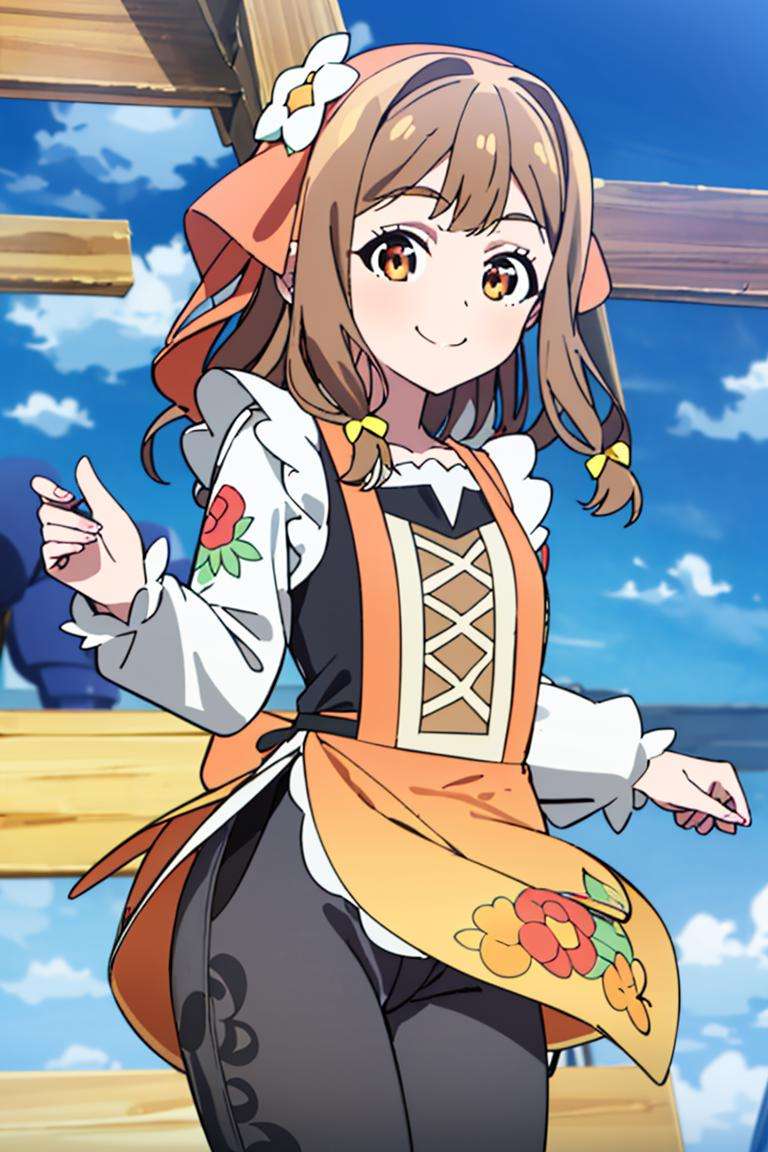 ((masterpiece,best quality)), absurdres,<lora:Hanamaru_Genjitsu_no_Yohane:0.9>, Hanamaru_Genjitsu_no_Yohane, apron, floral print, black pants, solo, smiling, looking at viewer, cowboy shot,cinematic composition, dynamic pose,