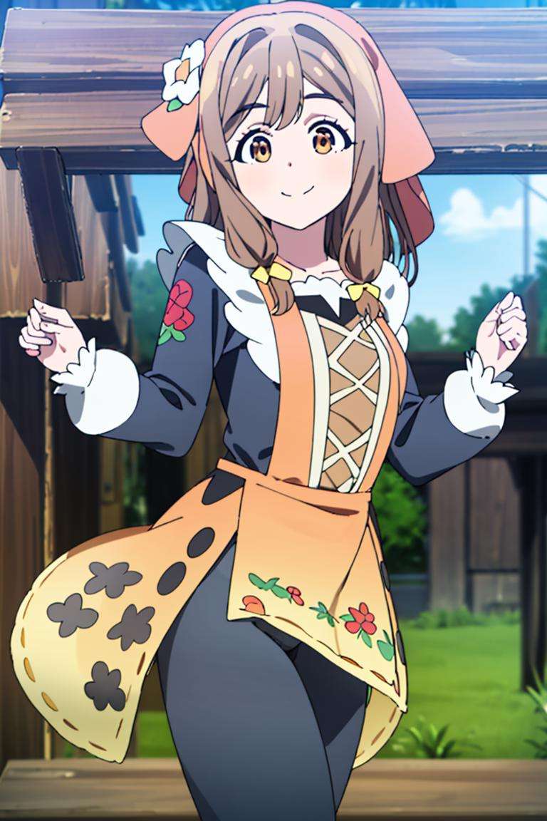 ((masterpiece,best quality)), absurdres,<lora:Hanamaru_Genjitsu_no_Yohane:0.9>, Hanamaru_Genjitsu_no_Yohane, apron, black pants, floral print, solo, smiling, looking at viewer, cowboy shot,cinematic composition, dynamic pose,