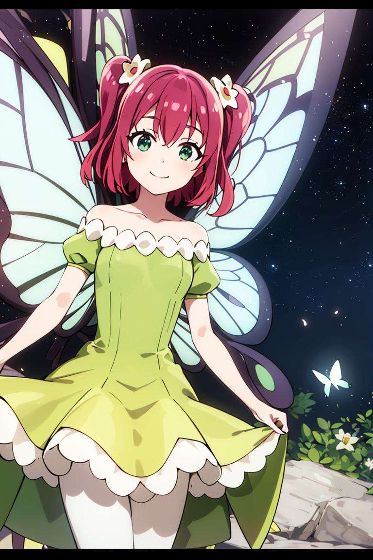 ((masterpiece,best quality)), absurdres,<lora:Ruby_Genjitsu_no_Yohane:0.7>, Ruby_Genjitsu_no_Yohane,  green dress,  yellow dress, butterfly wings, fairy, solo, smiling, looking at viewer, cowboy shot,cinematic composition, dynamic pose,