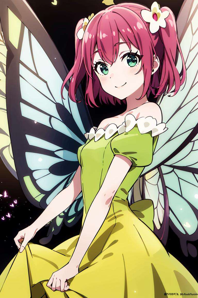 ((masterpiece,best quality)), absurdres,<lora:Ruby_Genjitsu_no_Yohane:0.7>, Ruby_Genjitsu_no_Yohane,  green dress,  yellow dress, butterfly wings, fairy, solo, smiling, looking at viewer, cowboy shot,cinematic composition, dynamic pose,