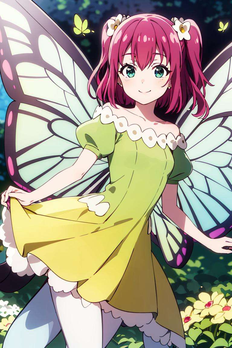 ((masterpiece,best quality)), absurdres,<lora:Ruby_Genjitsu_no_Yohane:0.7>, Ruby_Genjitsu_no_Yohane,  green dress,  yellow dress, butterfly wings, fairy, solo, smiling, looking at viewer, cowboy shot,cinematic composition, dynamic pose,