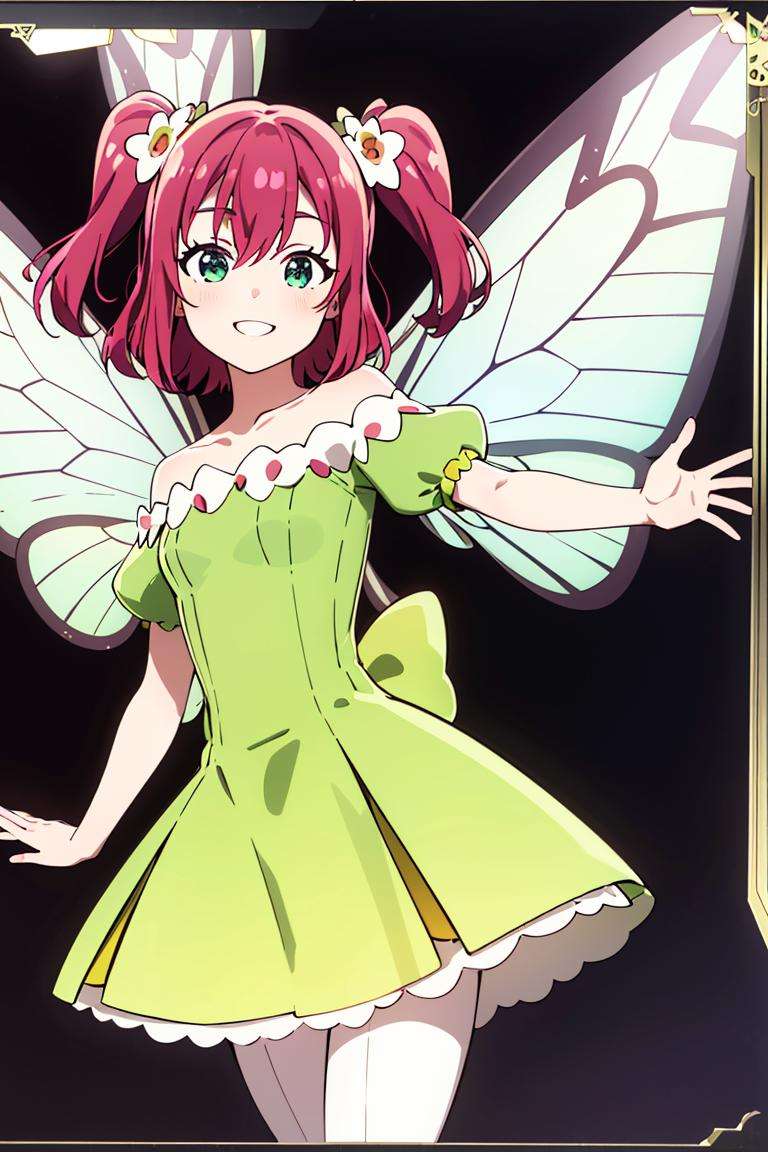 ((masterpiece,best quality)), absurdres,<lora:Ruby_Genjitsu_no_Yohane:0.7>, Ruby_Genjitsu_no_Yohane,  green dress,  yellow dress, butterfly wings, fairy, solo, smiling, looking at viewer, cowboy shot,cinematic composition, dynamic pose,