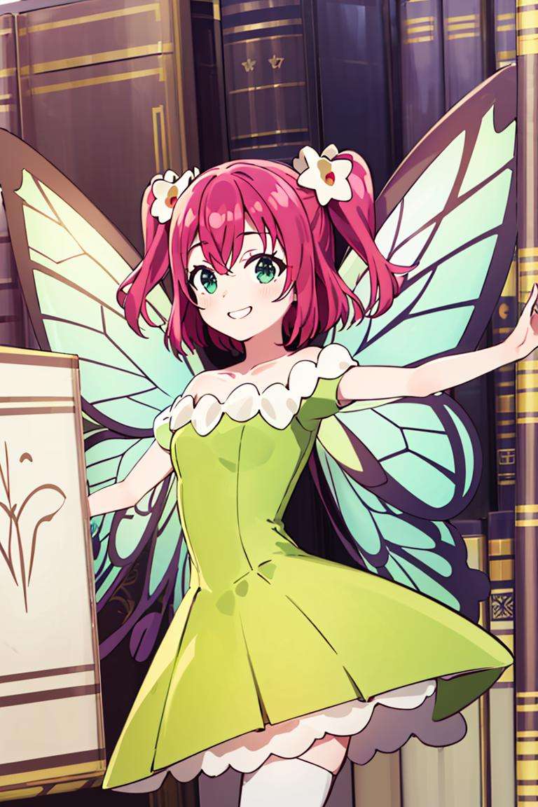 ((masterpiece,best quality)), absurdres,<lora:Ruby_Genjitsu_no_Yohane:0.8>, Ruby_Genjitsu_no_Yohane,  green dress,  yellow dress, butterfly wings, fairy, solo, smiling, looking at viewer, cowboy shot,giant books in background, cinematic composition, dynamic pose,