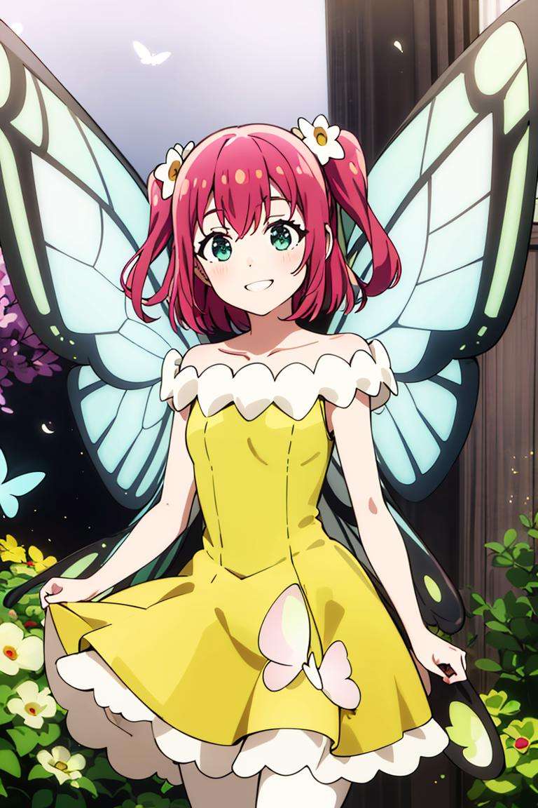 ((masterpiece,best quality)), absurdres,<lora:Ruby_Genjitsu_no_Yohane:0.7>, Ruby_Genjitsu_no_Yohane,  green dress,  yellow dress, butterfly wings, fairy, solo, smiling, looking at viewer, cowboy shot,cinematic composition, dynamic pose,