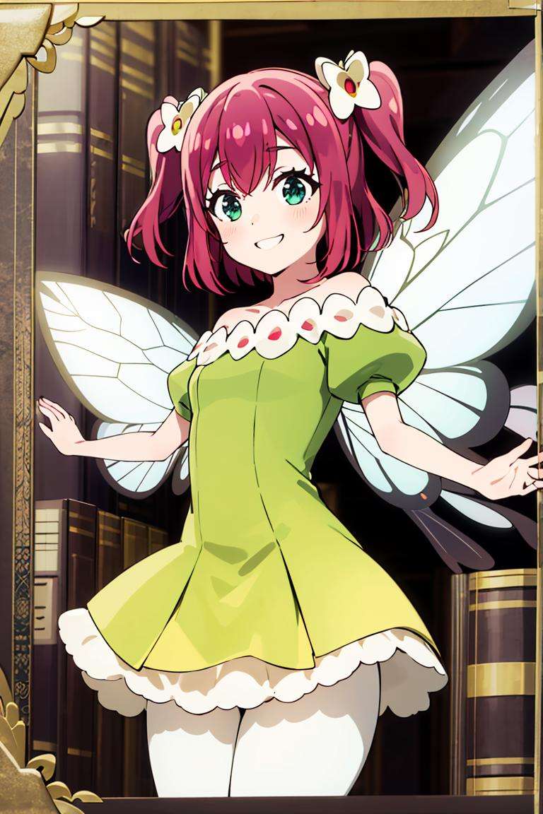 ((masterpiece,best quality)), absurdres,<lora:Ruby_Genjitsu_no_Yohane:0.8>, Ruby_Genjitsu_no_Yohane,  green dress,  yellow dress, butterfly wings, fairy, solo, smiling, looking at viewer, cowboy shot,giant books in background, cinematic composition, dynamic pose,