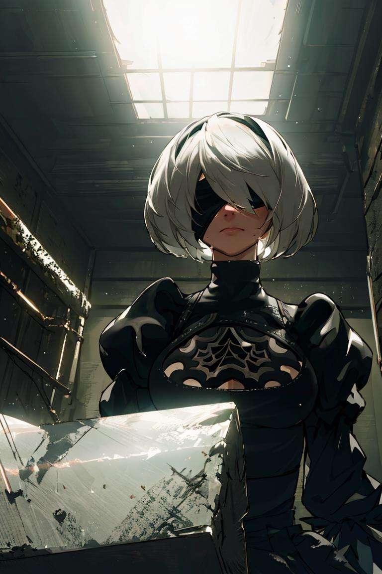 (8k, best quality, masterpiece:1.2),(ultra-detailed),(high quality:1.3),(high resolution),detailed hair,hard rim lighting,((dramatic lighting)),sharp focus,nsfw,no blindfold, hair over one eye, yorha no. 2 type b, 1girl, solo, black dress, upper body, closed mouth, indoors