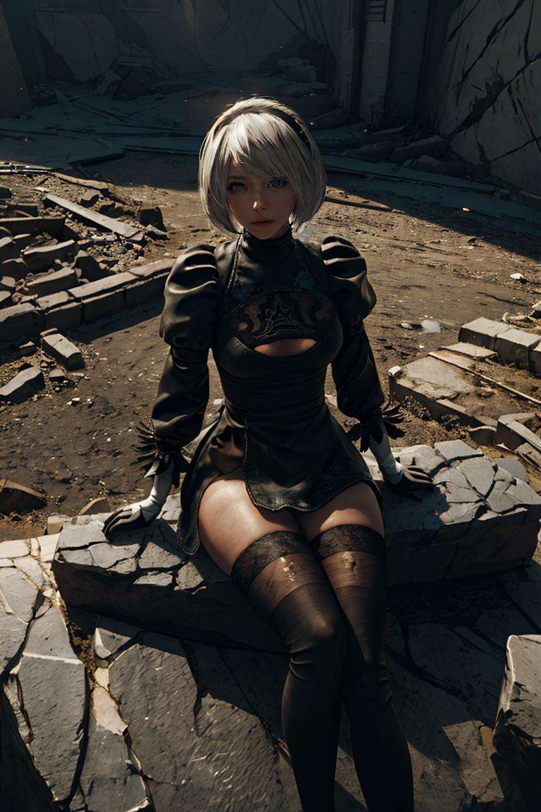 (8k, best quality, masterpiece:1.2),(ultra-detailed),(high quality:1.3),(high resolution),detailed hair,hard rim lighting,((dramatic lighting)),sharp focus,yorha no. 2 type b, solo, 1girl, sitting, scenery, thighhighs, wide shot, long hair, from above, outdoors