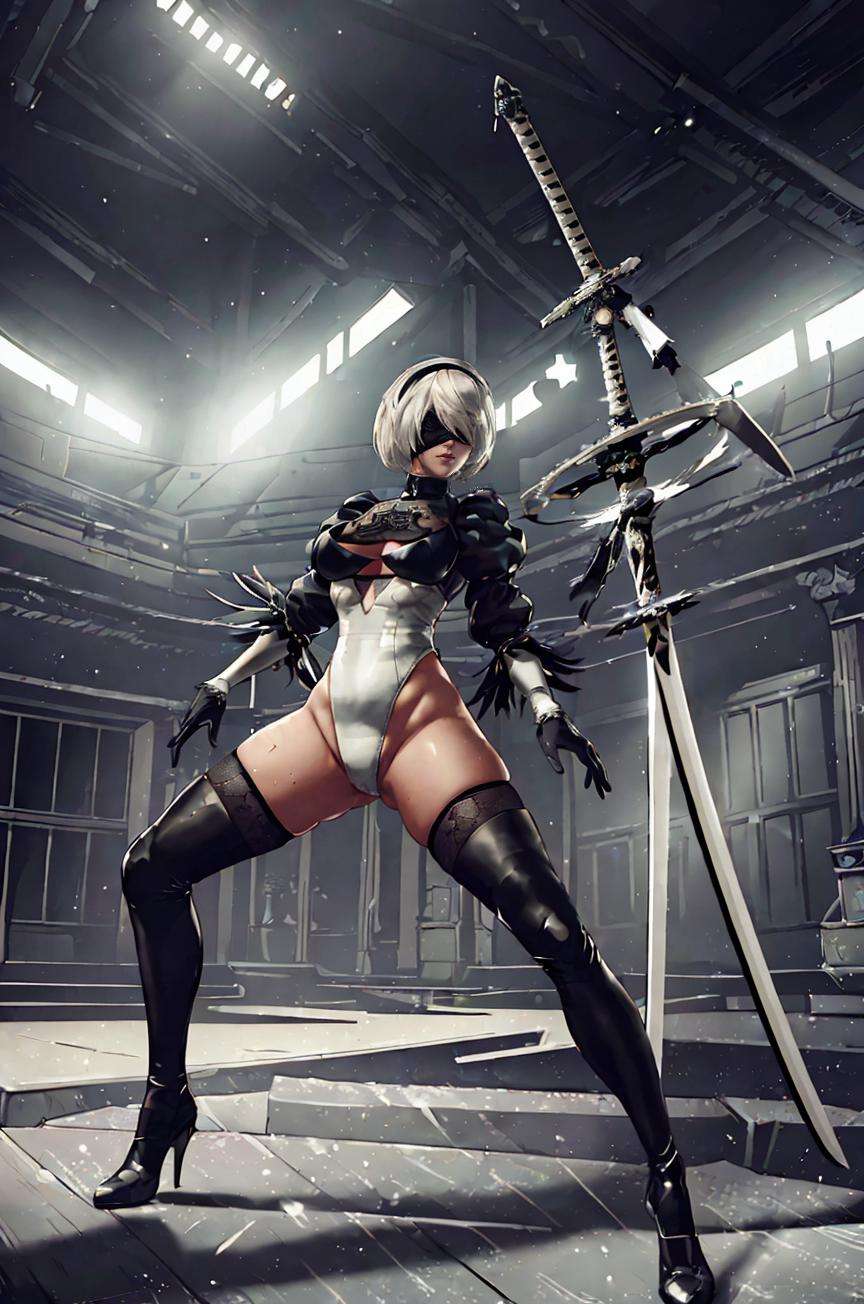 (8k, best quality, masterpiece:1.2),(ultra-detailed),(high quality:1.3),(high resolution),detailed hair,hard rim lighting,((dramatic lighting)),sharp focus,nsfw,highleg leotard, black blindfold, yorha no. 2 type b, 1girl, katana, solo, pod \(nier automata\), standing, full body, legs apart