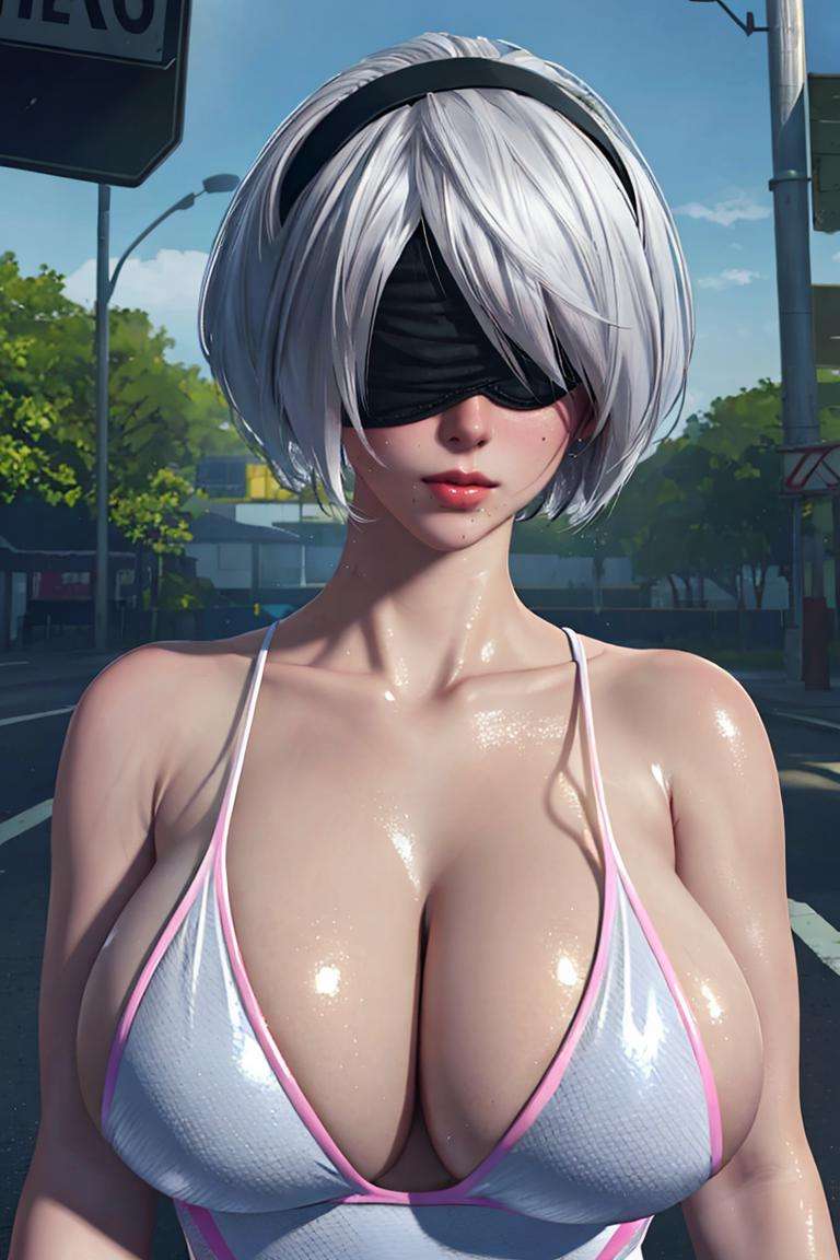 (8k, best quality, masterpiece:1.2),(ultra-detailed),(high quality:1.3),(high resolution),detailed hair,hard rim lighting,((dramatic lighting)),sharp focus,(blindfold slip,one eye out,looking at viewer:1.2), yorha no. 2 type b,1girl,breasts,swimsuit,one-piece swimsuit,mole,solo,mole under mouth,blue one-piece swimsuit,white hair,hairband,cleavage,shiny,lips,upper body,shiny skin,black hairband,collarbone,huge breasts,shiny clothes,facing viewer,bare shoulders,large breasts,skindentation,bursting breasts,nose,pink lips,realistic,mole on breast,undersized clothes,Sand,crosswalk,cum_pool,