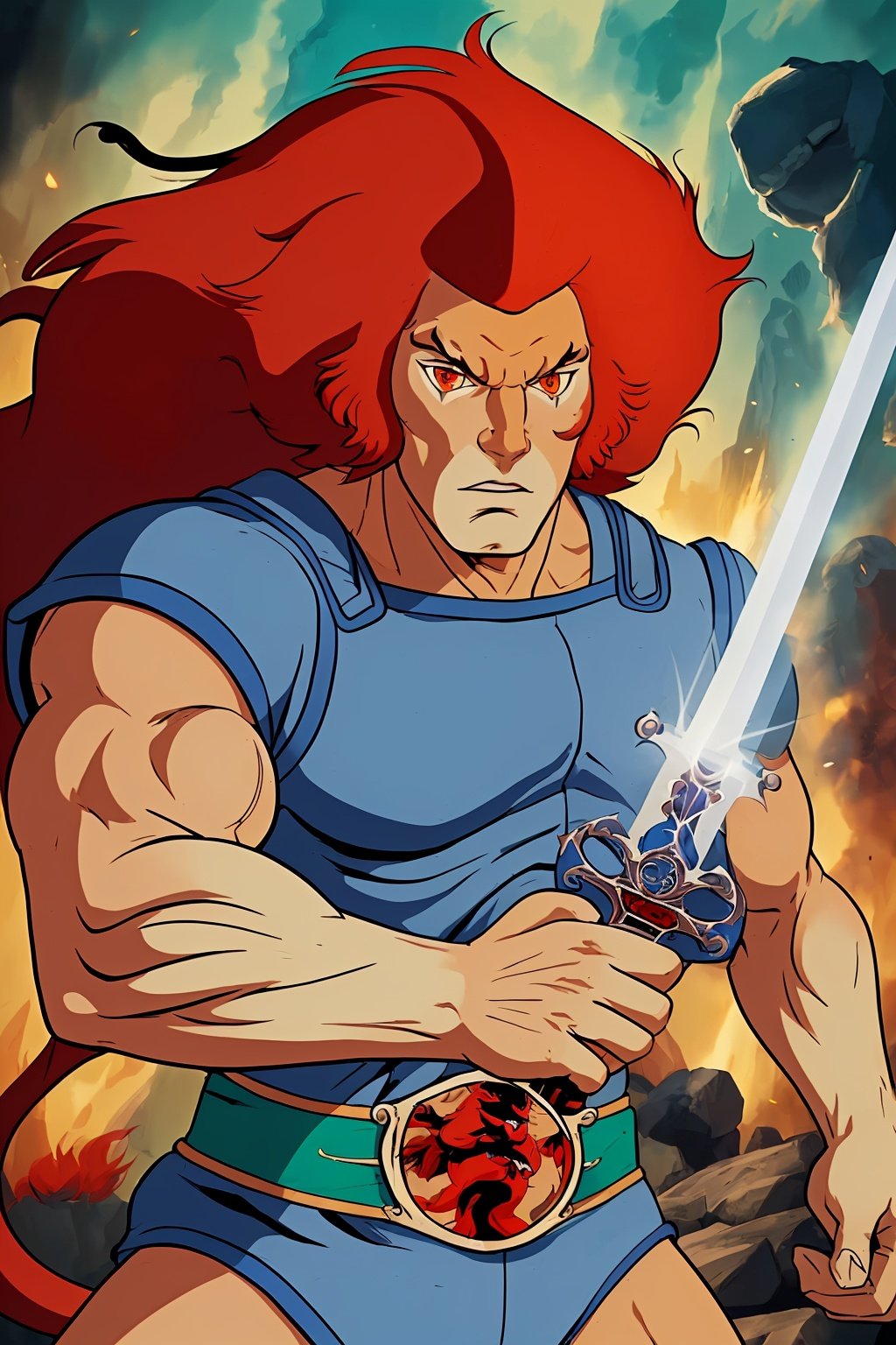 cartoon,best quality, masterpiece, detailed,lion-oQuiron character, 1boy, red hair, rampage,  sword,  blue outfit, <lora:quiron_lion-o_v2_Lora:0.77>