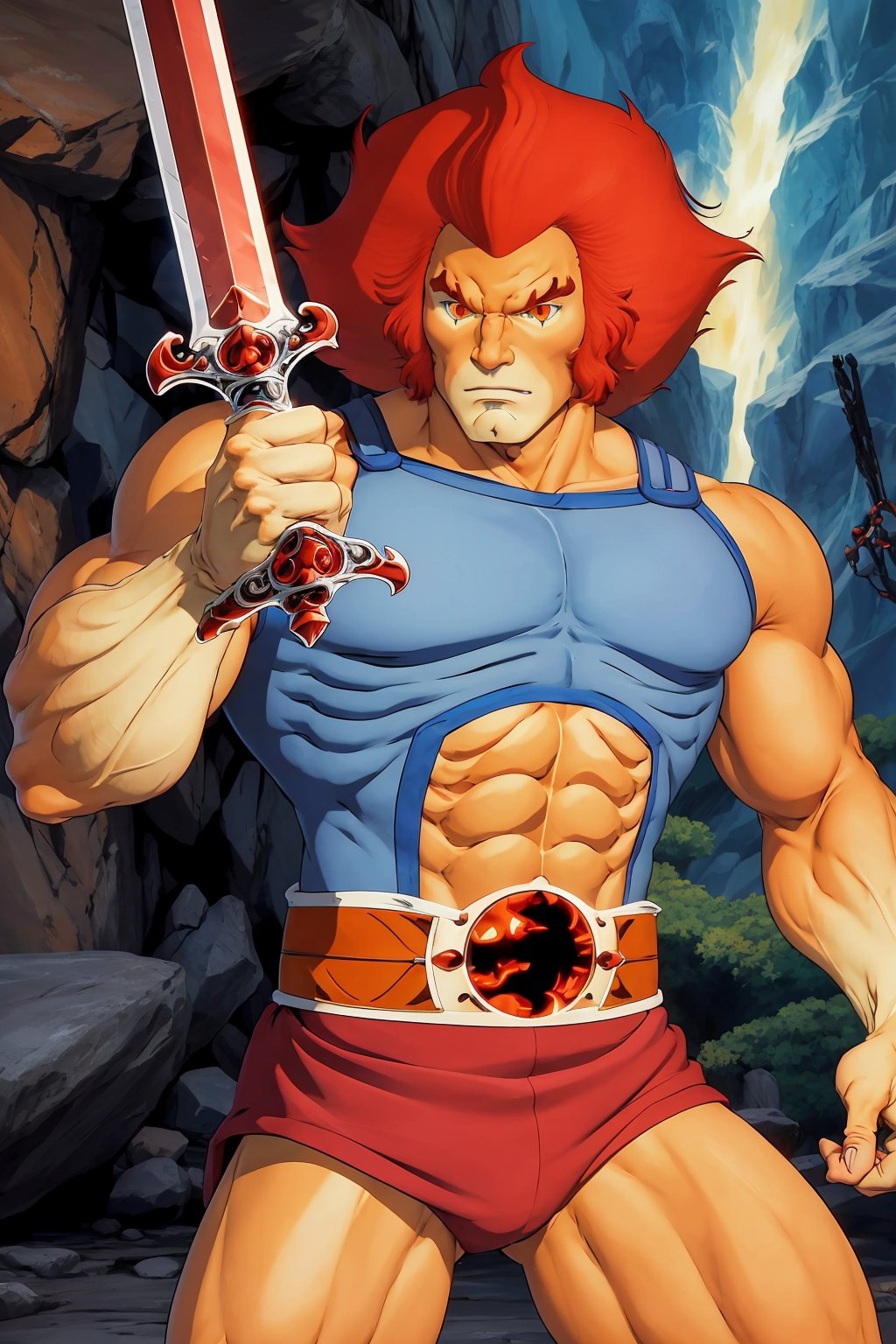 cartoon,best quality, masterpiece, detailed,lion-oQuiron character, 1boy, red hair,  long sword, rampage,   <lora:quiron_lion-o_v2_Lora:0.77>