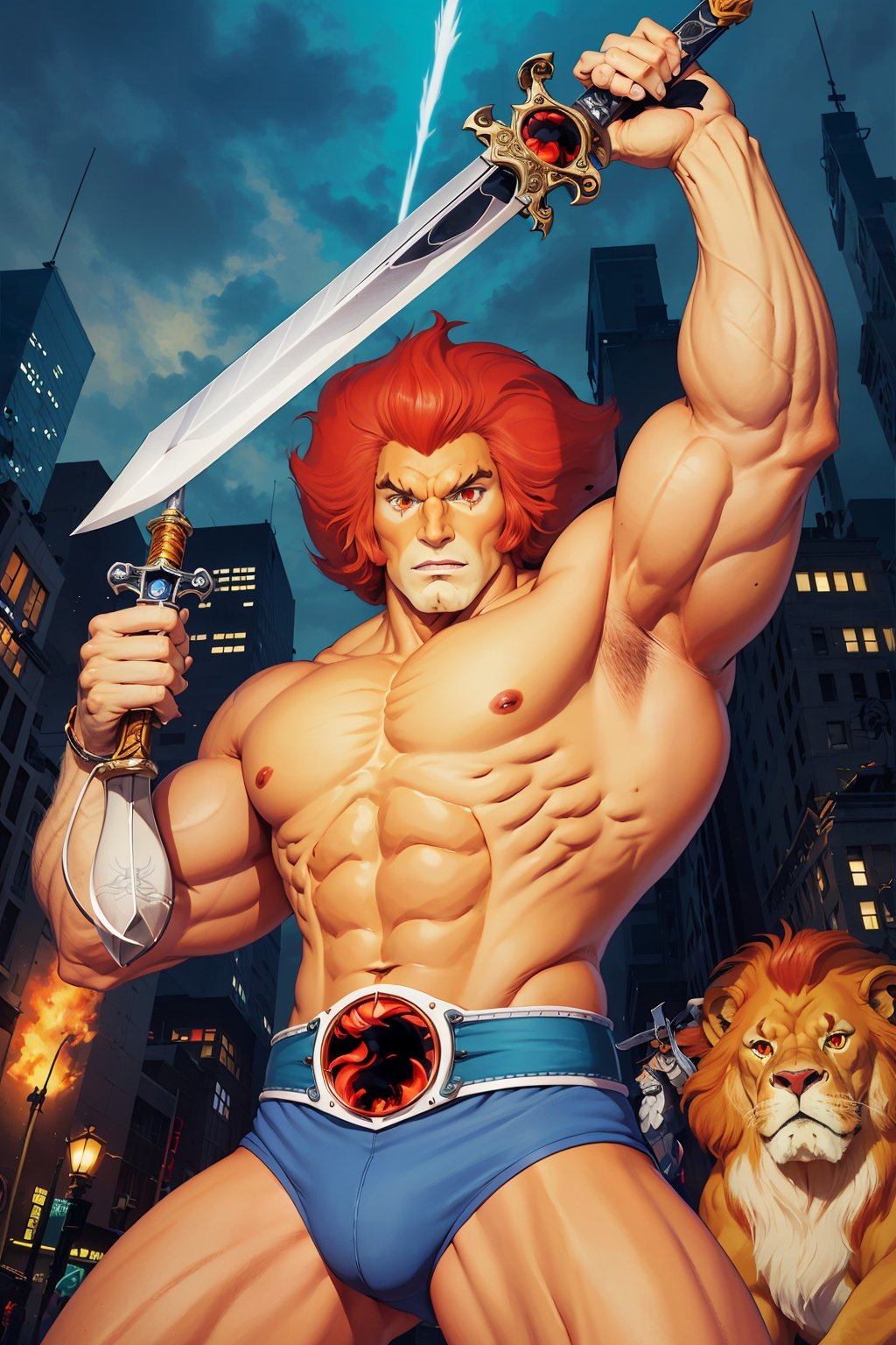 cartoon,best quality, masterpiece, detailed,lion-oQuiron character, 1boy, red hair,  sword,  rampage,   blue outfit, <lora:quiron_lion-o_v2_Lora:0.77>