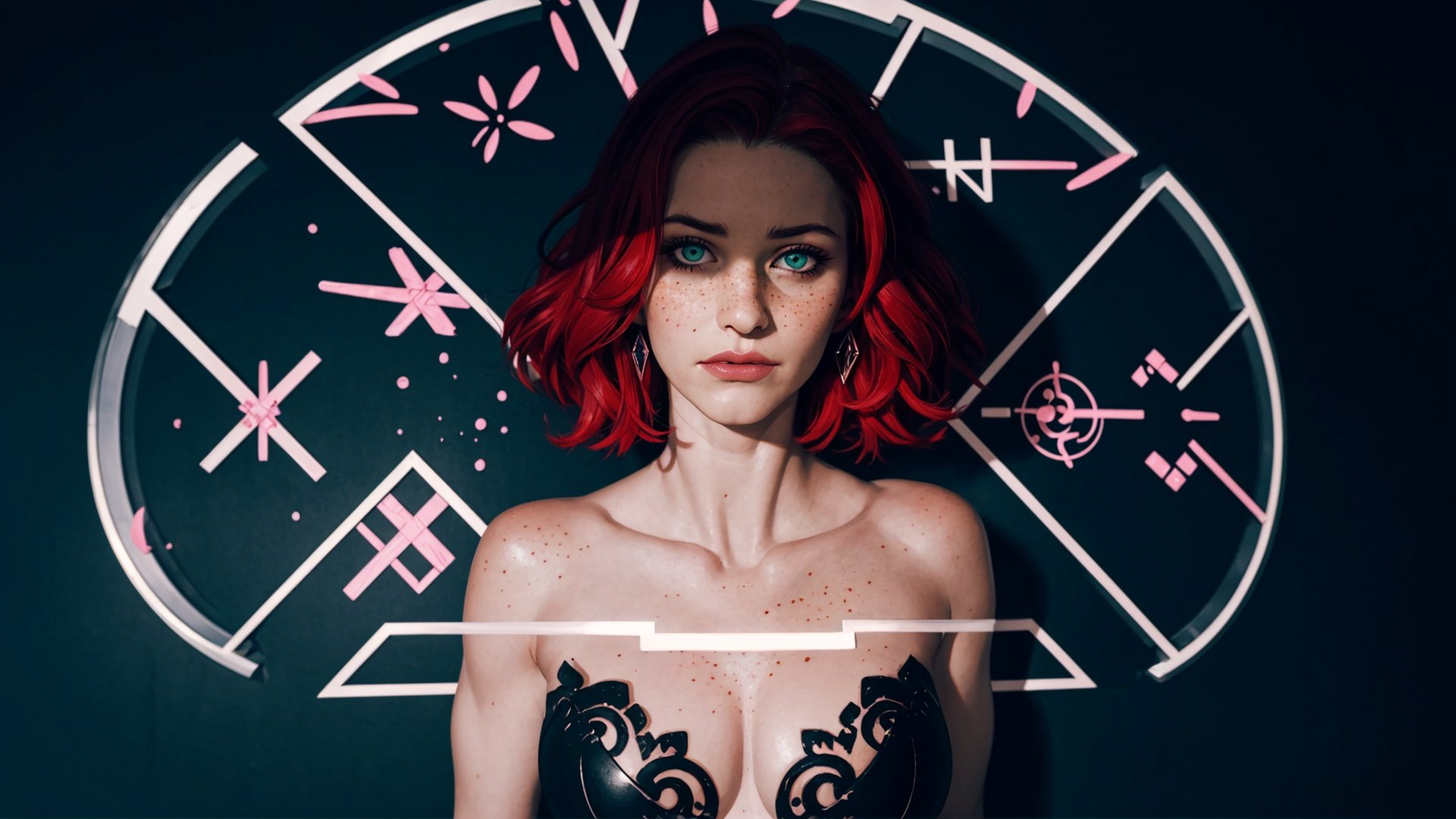 (ultra photorealistic:1.3)(masterpiece:1.2),  (best quality:1.2),  (ultra detailed:1.2), , 1 girl,  adult (elven:0.7) woman,  freckles,  green eyes,  dark red prom hairstyle, (style-swirlmagic:0.8),  solo,  upper body,  looking up,  detailed background,  detailed face,  ,  glyphs,  magic circle,  glyphtech theme:1.1),  rune-wizard,  runes etched into skin,  staff,  runic scripture,  movement,  floating particles,  tribal runes,  rune altar in background,  magic lighting,  ethereal atmosphere, <lora:EMS-14405-EMS:0.800000>
