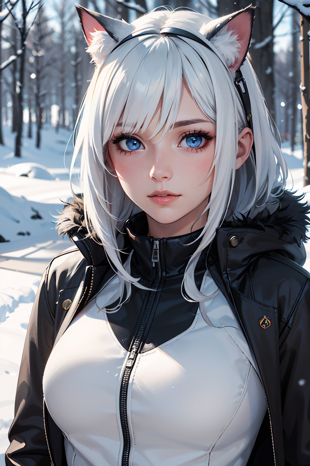 extreme quality, cg, detailed face+eyes, (bright colors), (anime), 1girl, impact, (winter), blizzard, time stop, sci fi, (tribal cat), (eskimo), animal ear fluff, fur trim, clouds, tan skin, (feather headdress), masterpiece, top tier, extravagant, 8k, unity wallpaper, unreal engine 5, ray tracing, 8k, cinematic, varied depth of field, octane render, elegant, tone mapping, hyper focus, parted lips, upperbody, (black), dappled sunlight, (snowing), nature, winter coat, upper body, (morning glow), lighthouse, gold eyes, horizon, picturesque scenery, mountain, forest, looking at viewer, (tundra)