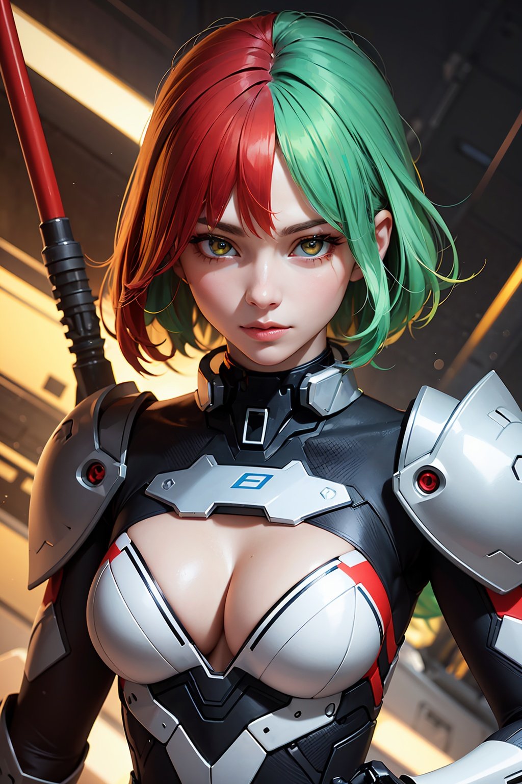 extreme quality, cg, detailed face+eyes, (bright colors), 1girl, green hair, medium breast size, yellow eyes , mecha body suit, holding weapon, red hair, science fiction, cleavage, 