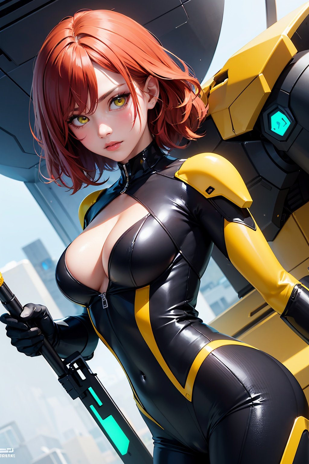 extreme quality, cg, detailed face+eyes, (bright colors), 1girl, green hair, medium breast size, yellow eyes , mecha body suit, holding weapon, red hair, science fiction, cleavage, dutch angle, looking at viewer with annoyance