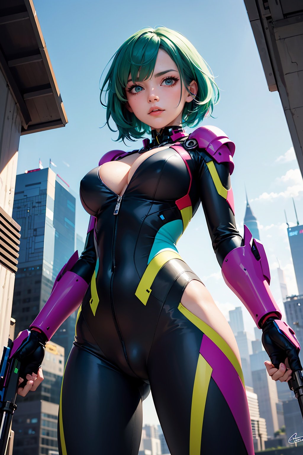 extreme quality, cg, detailed face+eyes, (bright colors), 1girl, (multicolored hair, blue hair, green hair), medium breast size, heterochromia , mecha body suit, holding weapon, science fiction, cleavage, dutch angle, annoyed, futuristic city, from below