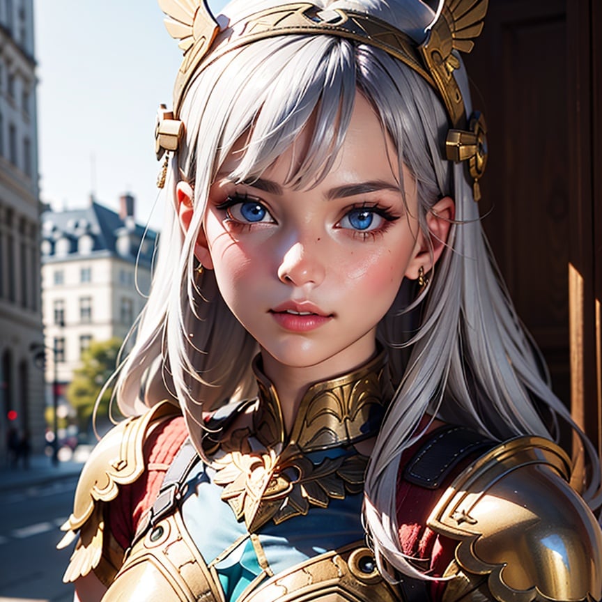 best quality, masterpiece, portrait, 1girl, valkyrie, winged helmet, armor,  silver hair, yellow eyes, looking_at_viewer, annoyed,  Hyperrealistic, scenery, extremely detailed, perfect skin tone.