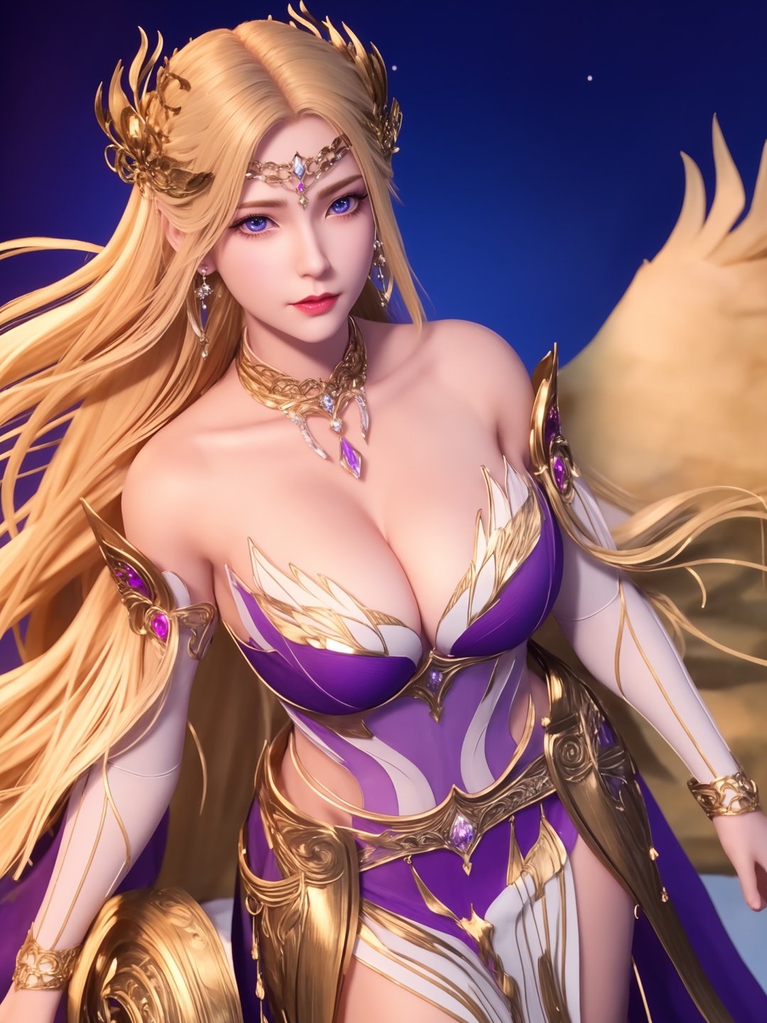 1girl,mature female,looking at viewer,cityscape,night,<lora:dldlQIANRENXUE_20230726144428:0.75>,hair ornament,armor,bare shoulders,jewelry,earrings,cleavage,metal collar, forehead jewel, multicolored dress, cowboy shot, purple dress,blue eyes,white feathers, blonde hair, 