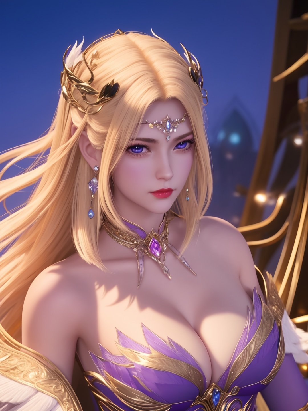 1girl,mature female,looking at viewer,cityscape,night,<lora:dldlQIANRENXUE_20230726144428:0.75>,hair ornament,armor,bare shoulders,jewelry,earrings,cleavage,metal collar, forehead jewel, multicolored dress, cowboy shot, purple dress,blue eyes,white feathers, blonde hair, 