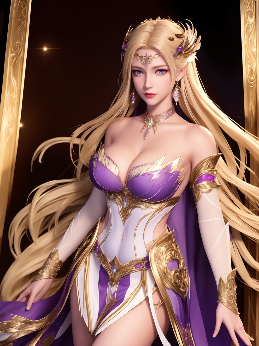 1girl,mature female,looking at viewer,cityscape,night,<lora:dldlQIANRENXUE_20230726144428:0.75>,hair ornament,armor,bare shoulders,jewelry,earrings,cleavage,metal collar, forehead jewel, multicolored dress, cowboy shot, purple dress,blue eyes,white feathers, blonde hair, 