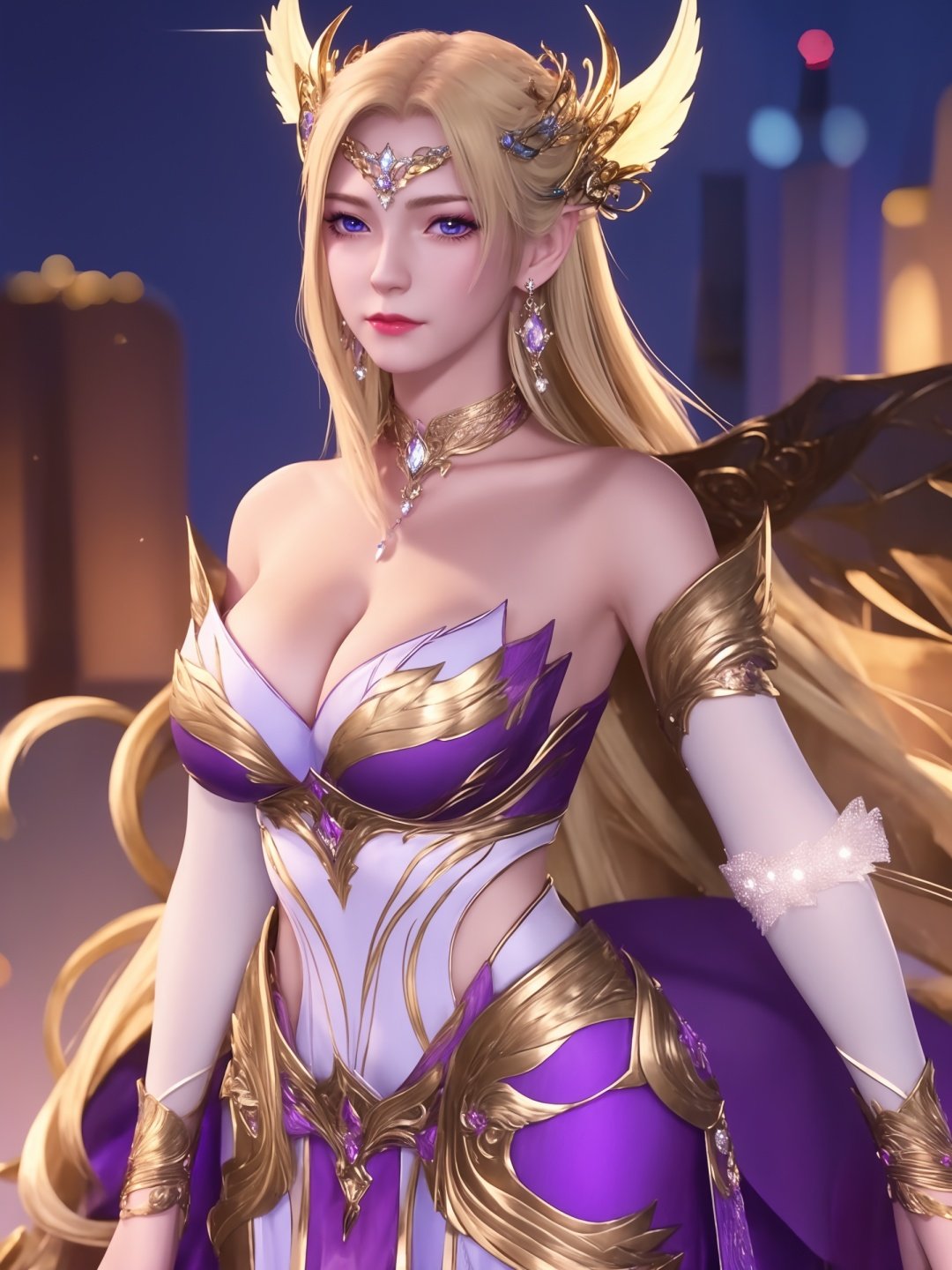 1girl,mature female,looking at viewer,cityscape,night,<lora:dldlQIANRENXUE_20230726144428:0.75>,hair ornament,armor,bare shoulders,jewelry,earrings,cleavage,metal collar, forehead jewel, multicolored dress, cowboy shot, purple dress,blue eyes,white feathers, blonde hair, 