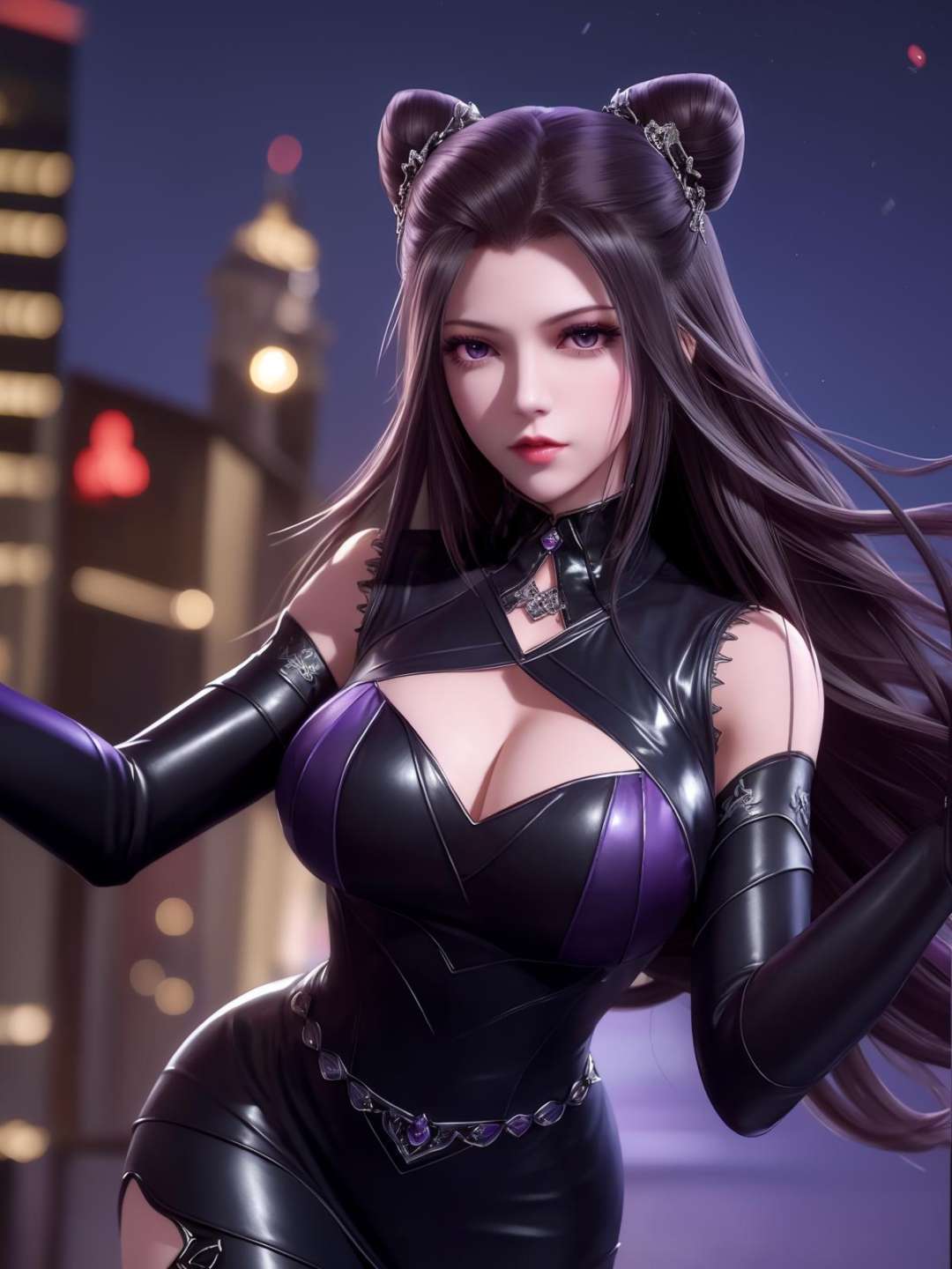 <lora:dldlZHUZHUQING_20230726183254:0.75>,double bun,mature female,cityscape,night,looking at viewer,long hair,detached sleeves,black long sleeves,purple eyes,cowboy shot,thigh boots,latex,cutout,hair bun,cone hair bun, black dress,hair ornament, jewelry, gem, 