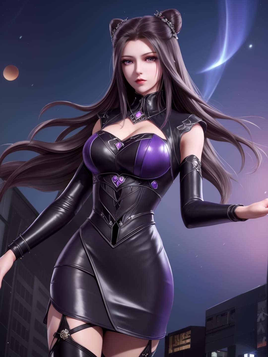 <lora:dldlZHUZHUQING_20230726183254:0.75>,double bun,mature female,cityscape,night,looking at viewer,long hair,detached sleeves,black long sleeves,purple eyes,cowboy shot,thigh boots,latex,cutout,hair bun,cone hair bun, black dress,hair ornament, jewelry, gem, 