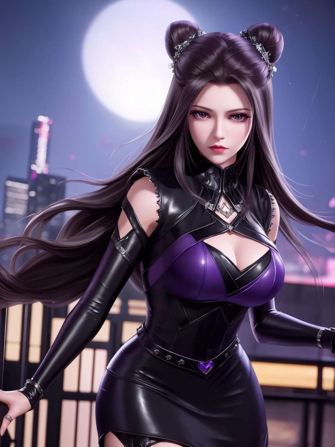 <lora:dldlZHUZHUQING_20230726183254:0.75>,double bun,mature female,cityscape,night,looking at viewer,long hair,detached sleeves,black long sleeves,purple eyes,cowboy shot,thigh boots,latex,cutout,hair bun,cone hair bun, black dress,hair ornament, jewelry, gem, 