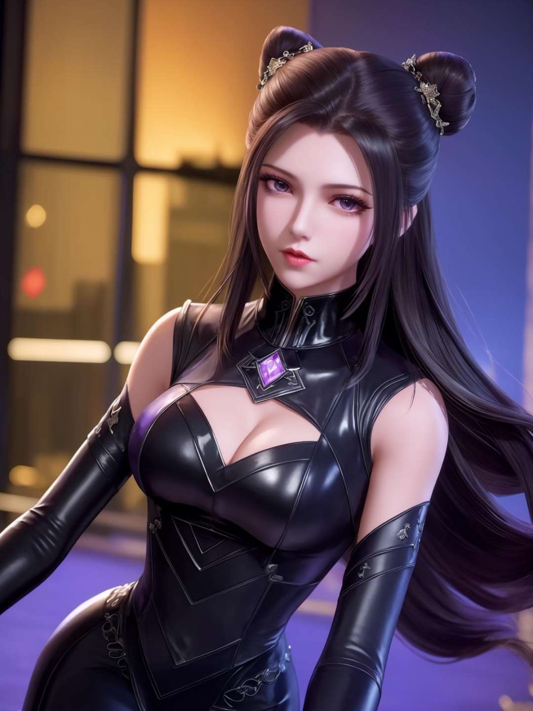 <lora:dldlZHUZHUQING_20230726183254:0.75>,double bun,mature female,cityscape,night,looking at viewer,long hair,detached sleeves,black long sleeves,purple eyes,cowboy shot,thigh boots,latex,cutout,hair bun,cone hair bun, black dress,hair ornament, jewelry, gem, 