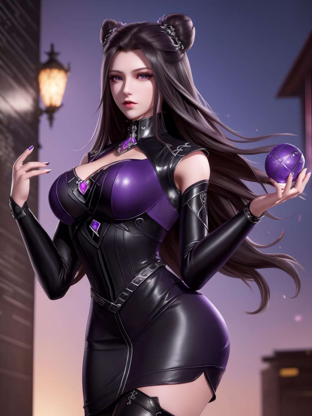 <lora:dldlZHUZHUQING_20230726183254:0.75>,double bun,mature female,cityscape,night,looking at viewer,long hair,detached sleeves,black long sleeves,purple eyes,cowboy shot,thigh boots,latex,cutout,hair bun,cone hair bun, black dress,hair ornament, jewelry, gem, 