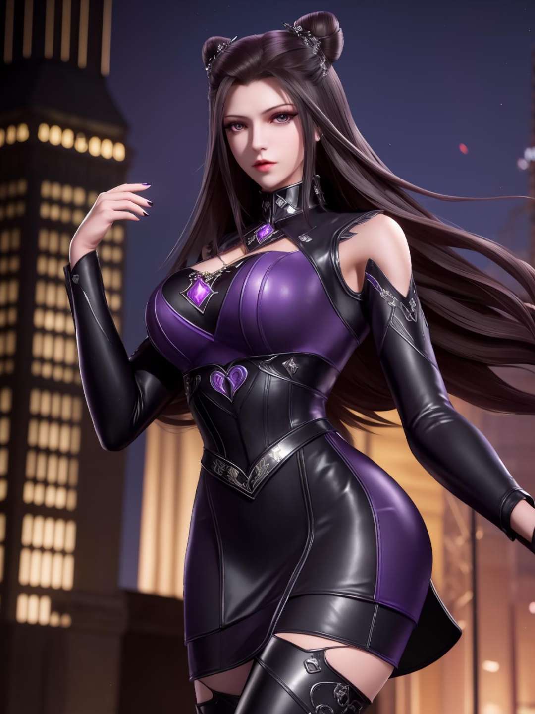 <lora:dldlZHUZHUQING_20230726183254:0.75>,double bun,mature female,cityscape,night,looking at viewer,long hair,detached sleeves,black long sleeves,purple eyes,cowboy shot,thigh boots,latex,cutout,hair bun,cone hair bun, black dress,hair ornament, jewelry, gem, 