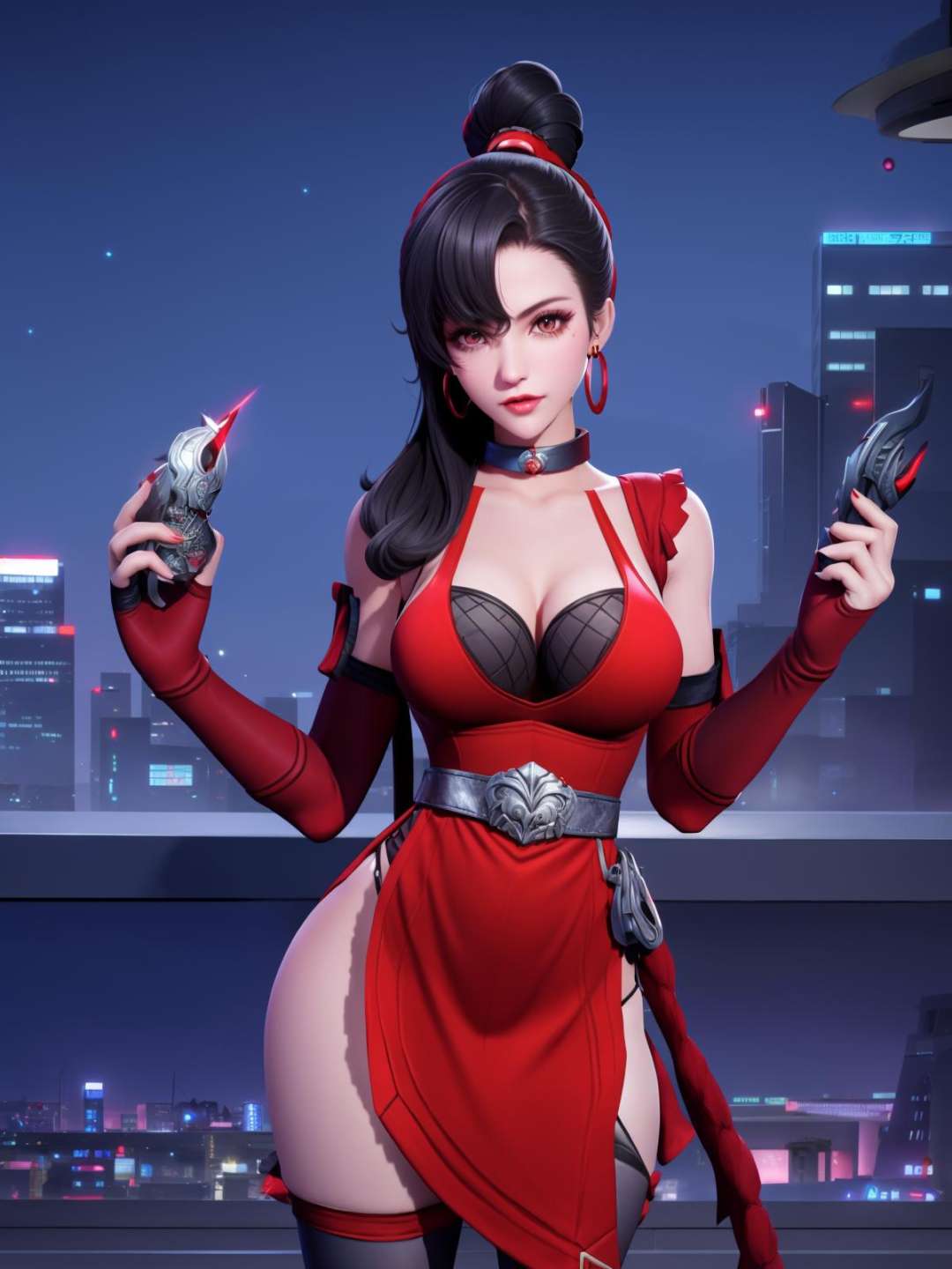 <lora:wzryAKEyp_20230727134341:0.75>single hair bun, high ponytail,hair over one eye, 1girl,cityscape, night, looking at viewer, mature female, jewelry, thighhighs, ninja, elbow gloves, armor,earrings, mole under eye, dress,choker, hair ribbon, belt, bra, red eyes, muscular, 