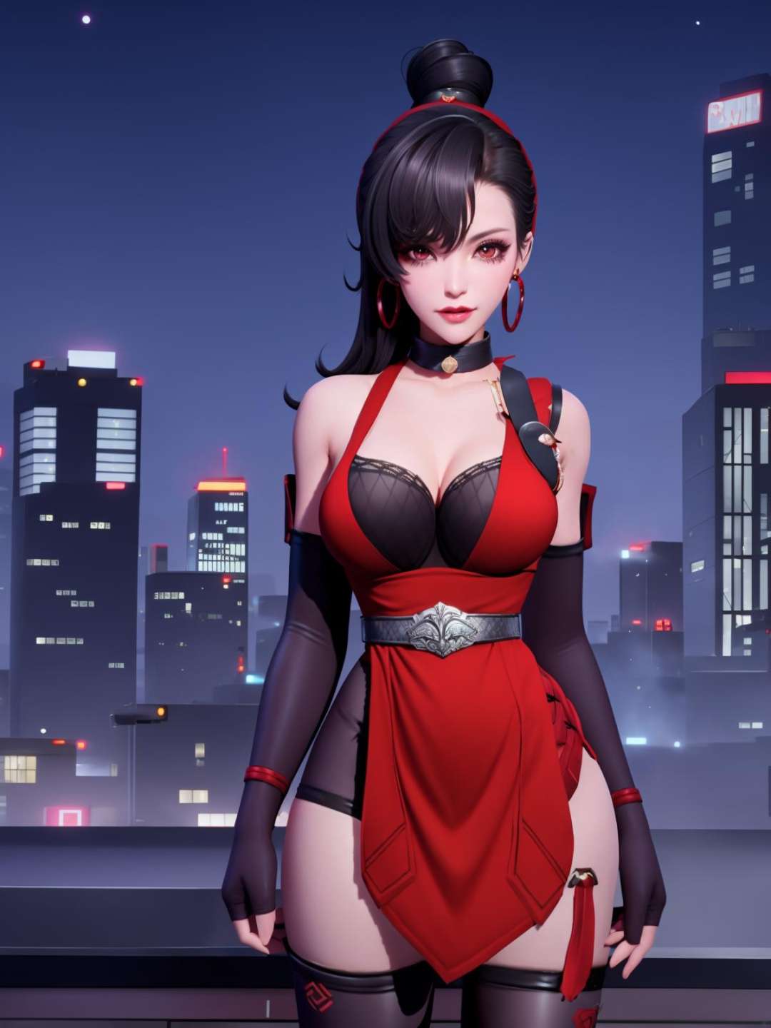 <lora:wzryAKEyp_20230727134341:0.75>single hair bun, high ponytail,hair over one eye, 1girl,cityscape, night, looking at viewer, mature female, jewelry, thighhighs, ninja, elbow gloves, armor,earrings, mole under eye, dress,choker, hair ribbon, belt, bra, red eyes, muscular, 