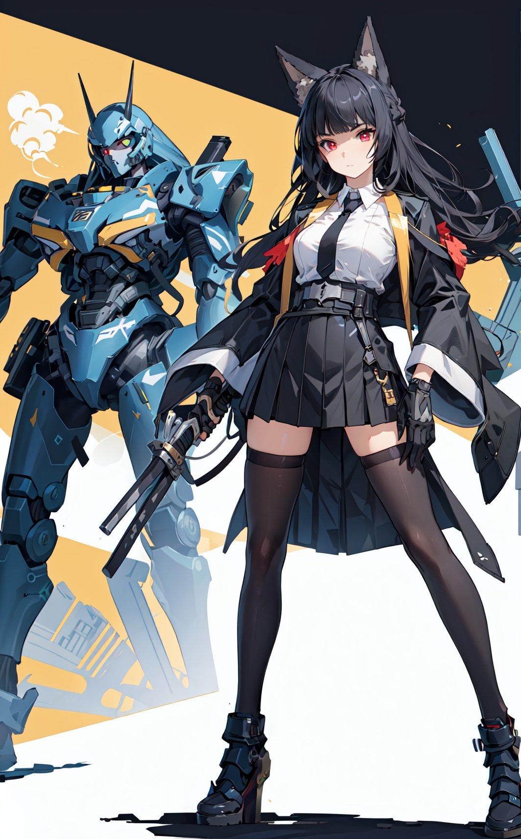 4 girls,Many girls,full-body,each girl has weapons, technological weapons,The overall style is slightly brighter, with a golden mecha tank behind it that exudes a strong sense of technology,masterpiece,best quality,Ultra-high resolution,Realistic,The overall style is golden, with golden armor that shines,sense of reality,The ultimate detail,8K wallpaper,Professional lighting,The perfect hand,Realistic hands,1girl,solo,standing,Technological city background, sunshine, futuristic technology, perfect face,full bodyWearing a mecha,mechanical joint,dynamic posture,machinery,Heela collections,((dynamic pose), technological weapons,
ya, 1girl, solo, red eyes, long hair, black hair, animal ears, necktie, skirt, gloves, wide sleeves, black necktie, shirt,bangs, japanese clothes, green jacket,holding weapon