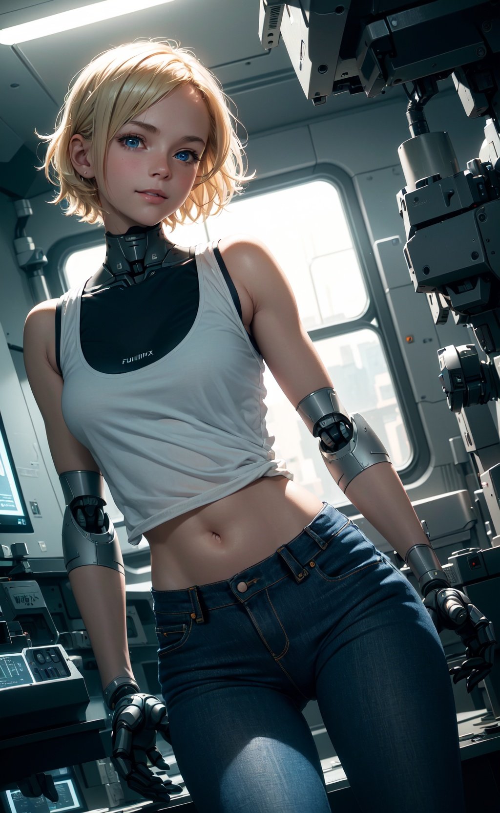 (highly detailed CG illustration), (8k, best quality, masterpiece:1.2), (realistic:1.3), (photorealistic:1.3), ultra-detailed, 1girl, (18 years old), blonde short hair, blue eyes, (robot arms and hands:1.3), machine made joints, (fabric black tank top), open navel, medium breast, visible shoulders, blue jeans, (high detailed skin:1.2), cute smile, uhd, dslr, soft lighting, high quality, film grain, Fujifilm XT3, best quality, beautiful lighting, cinematic lighting, inside futuristic lab