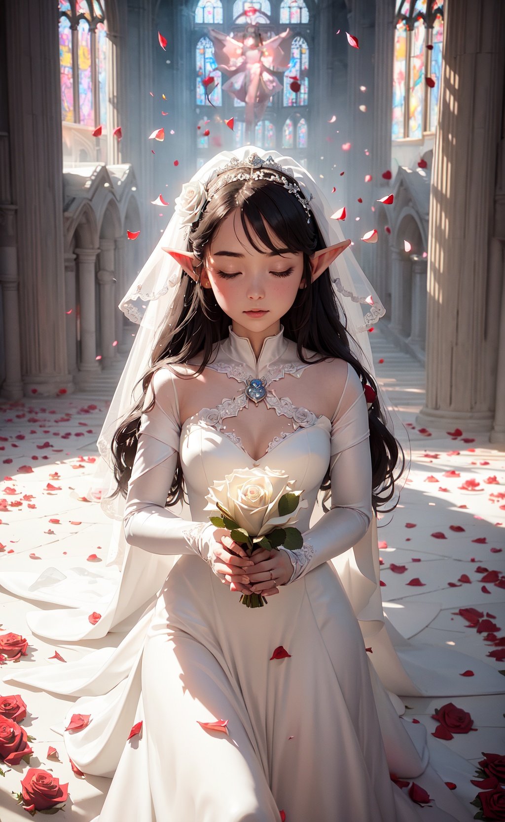 masterpiece, best quality, 1girl, elf bride, white flowing bridal dress, (rose petals:1.3), church, sunbeam, volumetric lighting, (from above:0.8), close-up