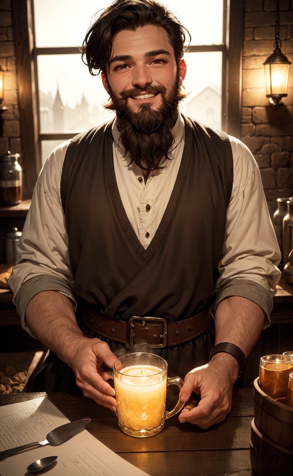 masterpiece, best quality, 1boy, innkeeper, short hair, beard, soft warm lighting, tankard, smile, looking at viewer, relaxed, cozy, tavern