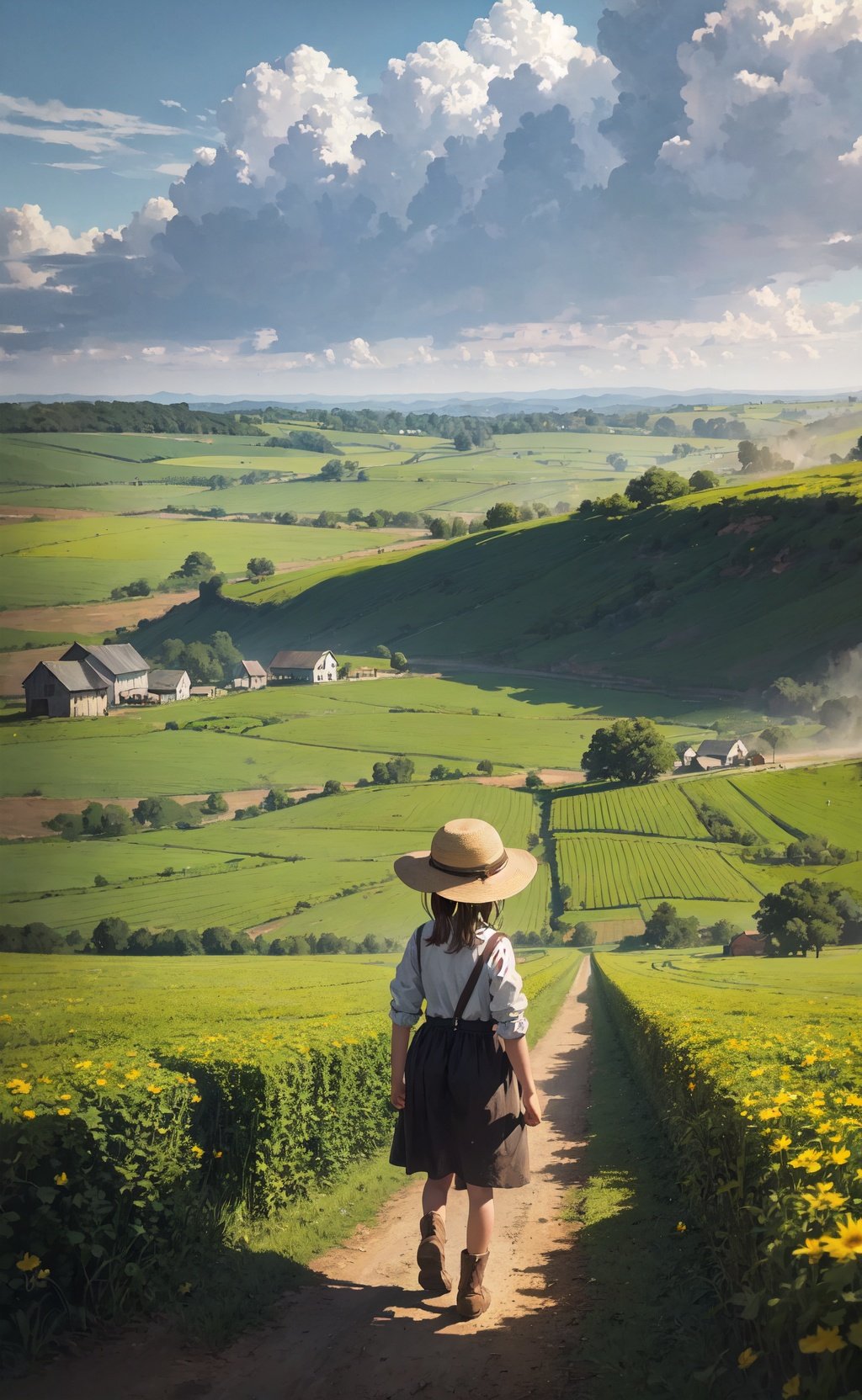 little girl working hard at a farm, (painterly, cinematic, atmospheric perspective)