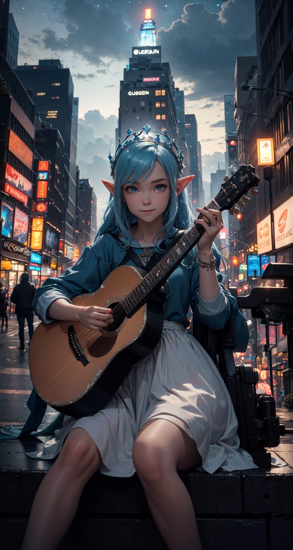 masterpiece, best quality, the cloud elf queen busks on the streets of new york, casual, sitting, playing guitar, dark moody lighting, night sky, night, starry sky, glittering, dark, (smile:0.8)