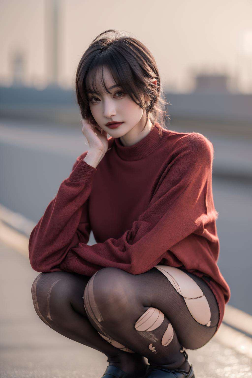 masterpiece, best quality, realistic, 8k, official art, cinematic light, ultra high res, 1girl, red sweater dress, torn pantyhose, squatting, sunlight, looking at viewer, leg focus, <lora:komoshuaiv2_lora:0.6>, <lora:torn_pantyhose_05:1:TEST>