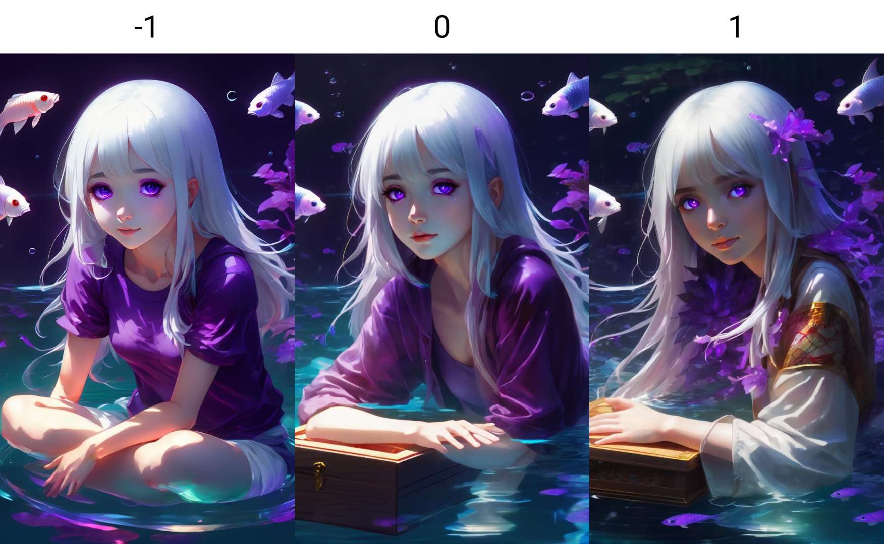 <lora:neg4all_xl_bdsqlsz_V4:-1>[(Transparent background:1.5)::5],illustration, 1girl,solo,mysterious,vivid color,shiny, underwater transparent sealed hemispherical glass dome, (white hair),(purple eyes), full body,barefoot,long hair tranquil nature, koi,Underwater,close up,Dynamic actions,Lens perspective,(((Box composition))),sit cross-legged and lean against the bookshel, volumetric lighting, multi-color eyes, detailed eyes, hyper detailed,light smile, beautiful, ntricate, 4k, 8k, trending on artstation, good anatomy, beautiful lighting, award-winning,