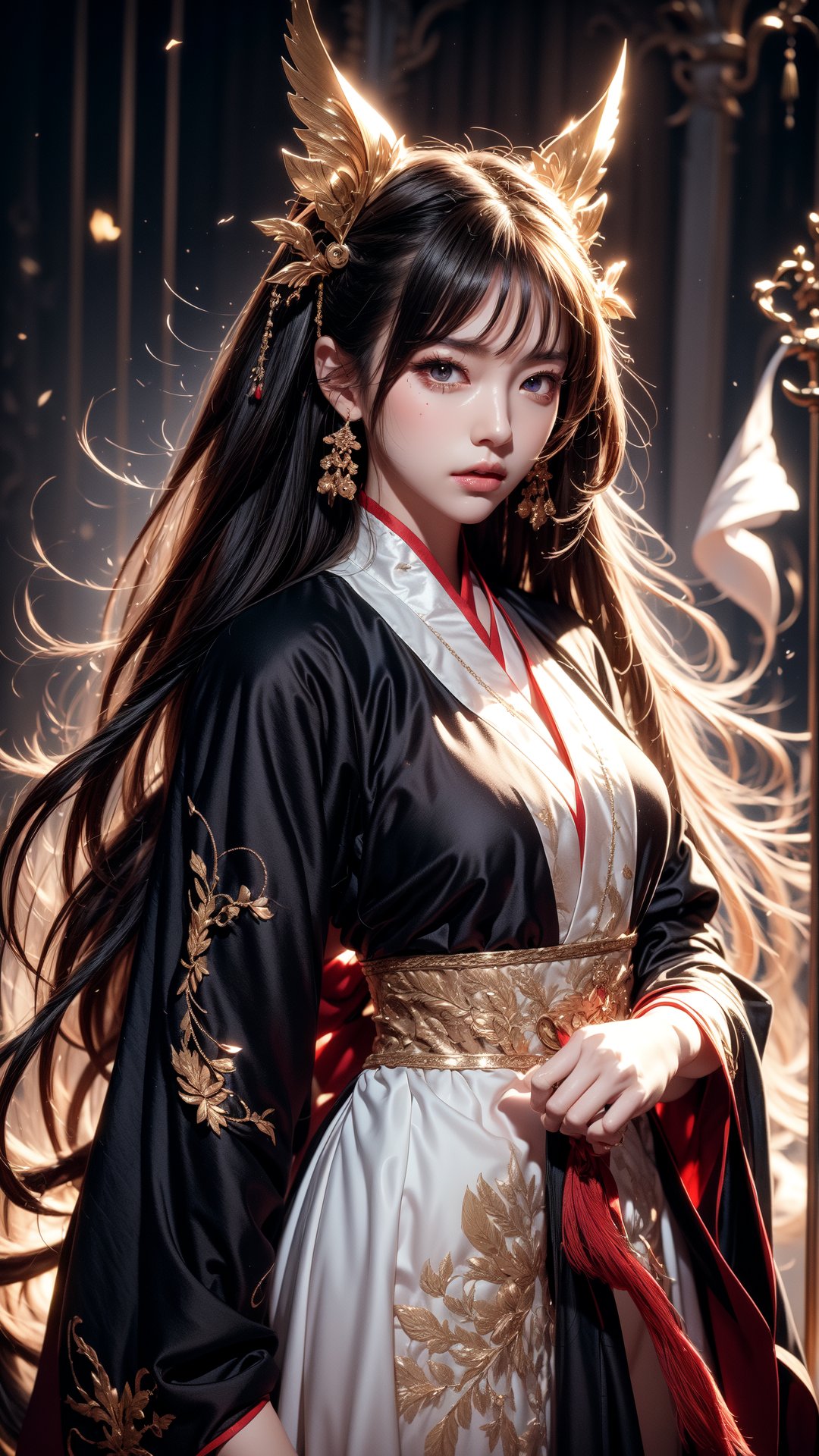 muelsyse (arknights),1girl, solo,hanfu,chinese clothes,splatter background, holding sword, best quality, amazing quality, very aesthetic, absurdres