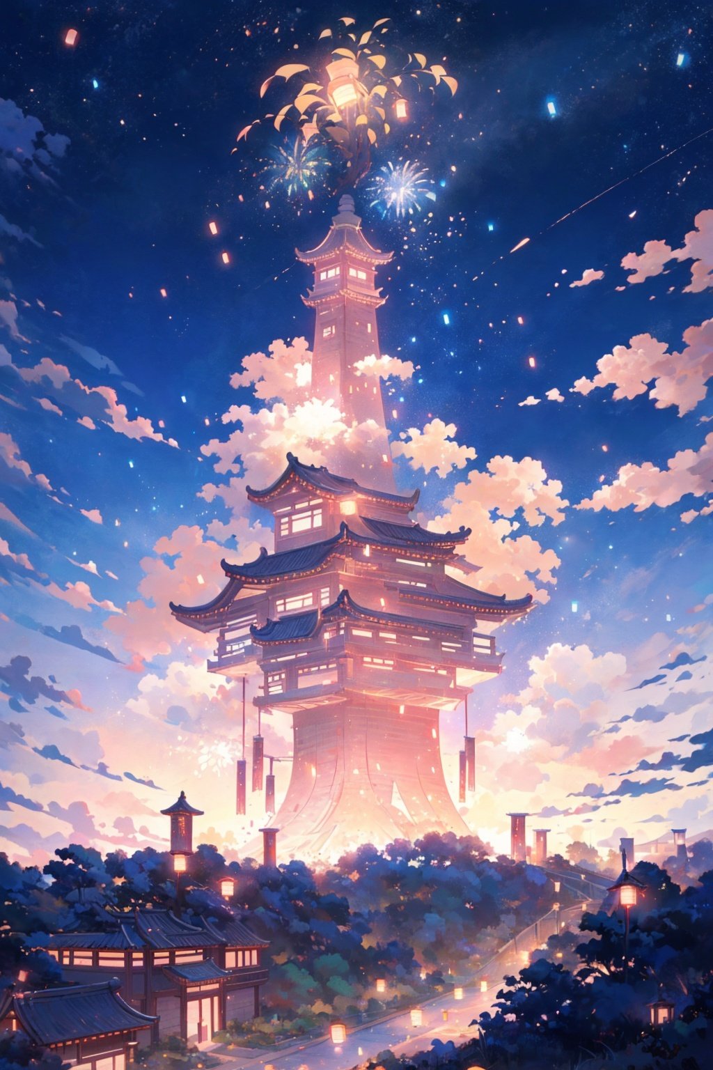 (The Kongming Lantern in the sky is from far to near:1.2), with fireworks blooming in the distance, (night view of Chang'an City:1.3), brightly lit streets, warm lighting, and a panoramic view of high quality, 8k
,nijistyle,flower,machinery,triangle black hole,crystaleyes