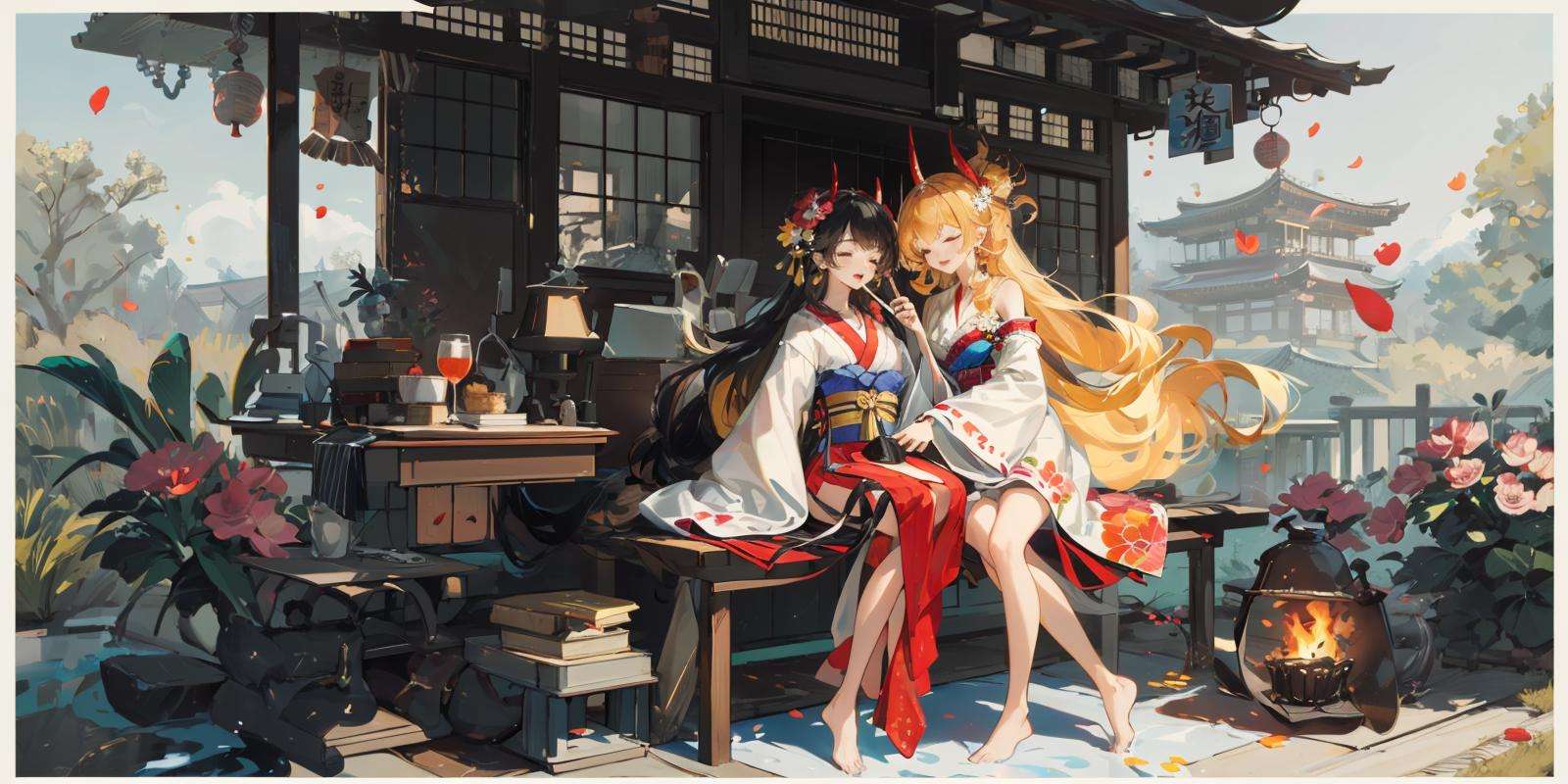 (masterpiece:1.2), best quality,PIXIV, backlight,multiple girls, long hair, 2girls, black hair, very long hair, japanese clothes, horns, closed eyes, kimono, wide sleeves, flower, hair ornament, ribbon, barefoot, blonde hair, umbrella, fire, long sleeves, dress, petals, multicolored hair, hair ribbon, hand fan <lora:dreamlike_20230727145343-000018:0.8>