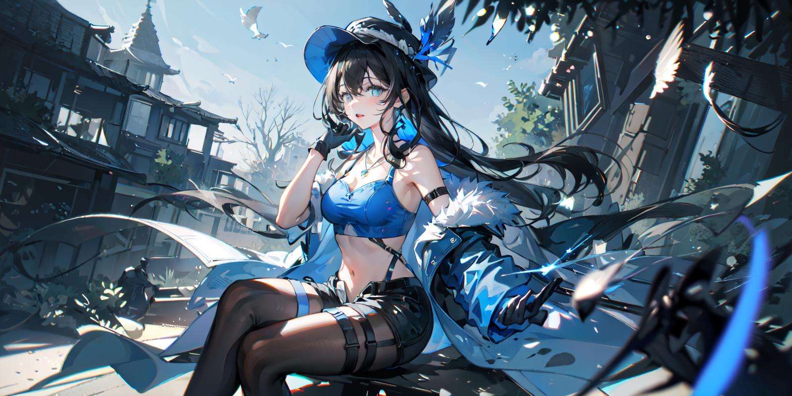 (masterpiece:1.2), best quality,PIXIV, backlight,dark theme,1girl, solo, black hair, sitting, gloves, official alternate costume, bird, looking at viewer, sleeveless, hat, blue headwear, bare shoulders, bangs, long hair, fur trim, shirt, branch, shorts, parted bangs, thigh strap, black gloves, pantyhose, breasts, blurry foreground, hand up, outdoors, jewelry, black shorts, la pluma (arknights), tree, blue shirt, grey eyes, blurry, sleeveless shirt, necklace, in tree, closed mouth <lora:dreamlike_20230727145343-000018:0.8>