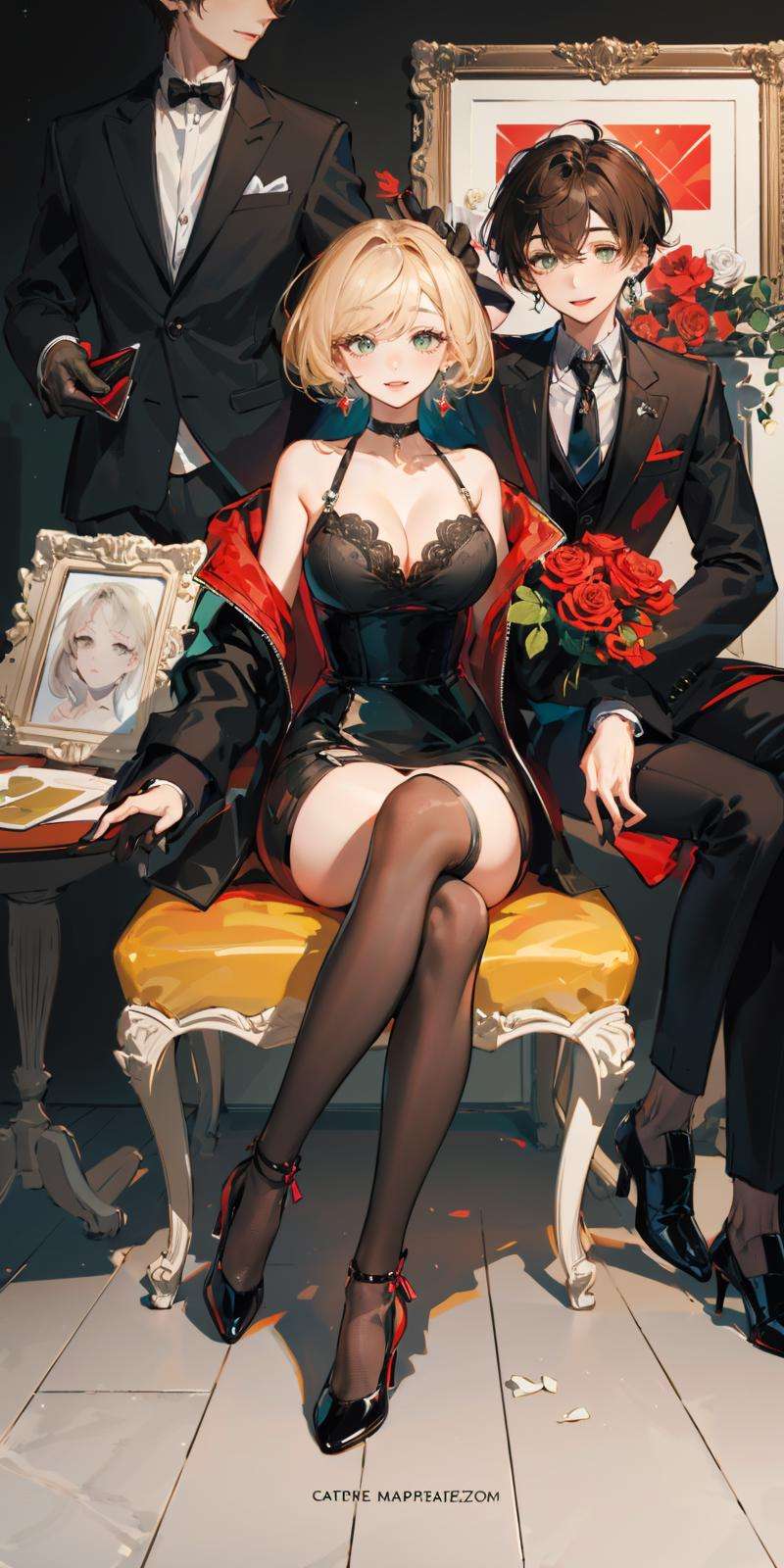 (masterpiece:1.2), best quality,PIXIV, backlight,2boys, 1girl, flower, sitting, long hair, thighhighs, rose, multiple boys, black jacket, high heels, red flower, jewelry, black footwear, jacket, green eyes, crossed legs, dress, earrings, blonde hair, looking at viewer, short hair, red rose, formal, long sleeves, breasts, closed mouth, shirt, holding, yellow eyes, picture frame, bangs, suit, necktie, brown hair, gloves, black shirt, ribbon, black hair, black gloves, painting (object), cleavage, smile, bare shoulders, sparkle, black dress, choker, cat, indoors <lora:dreamlike_20230727145343-000018:0.8>